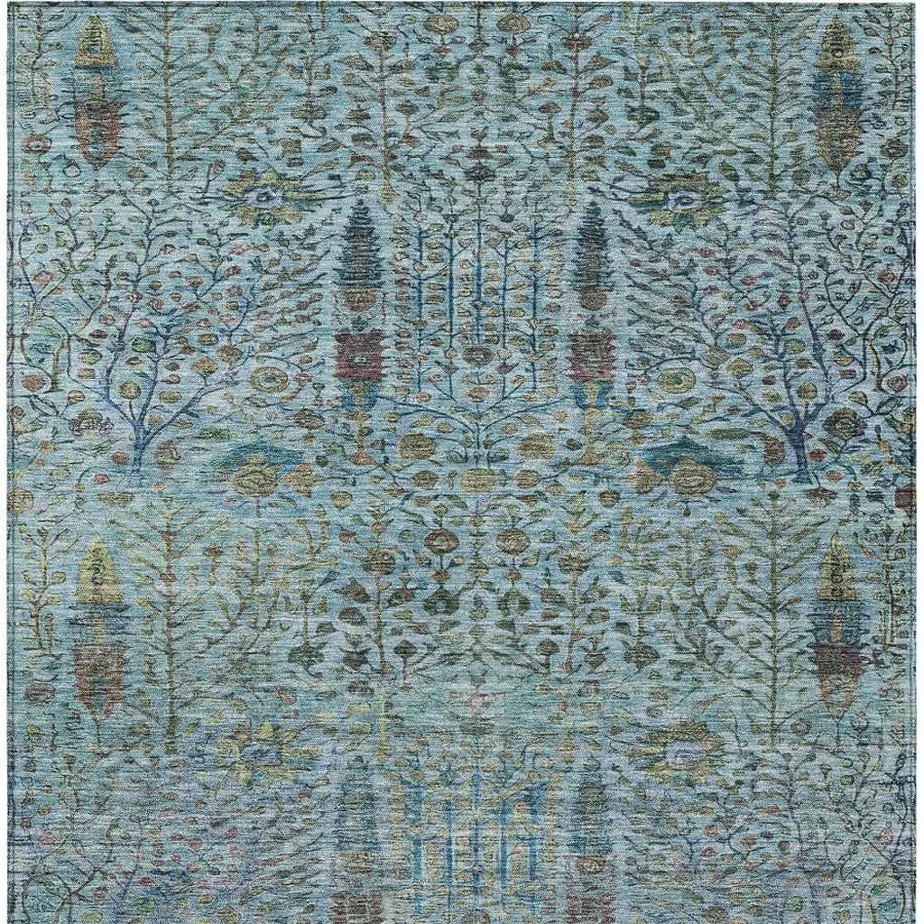 8' X 10' Teal Blue And Pale Aqua Floral Washable Indoor Outdoor Area Rug