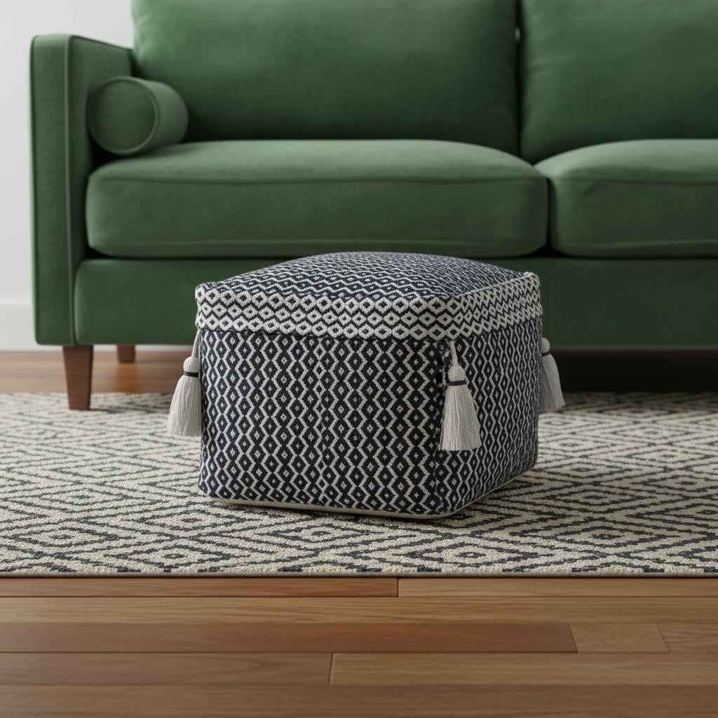 18" Blue Cotton Geometric Pouf Ottoman