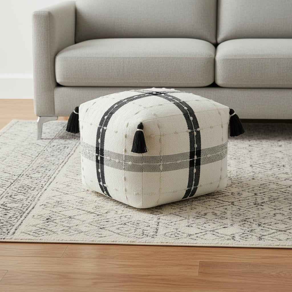 18" Black Cotton Striped Pouf Ottoman