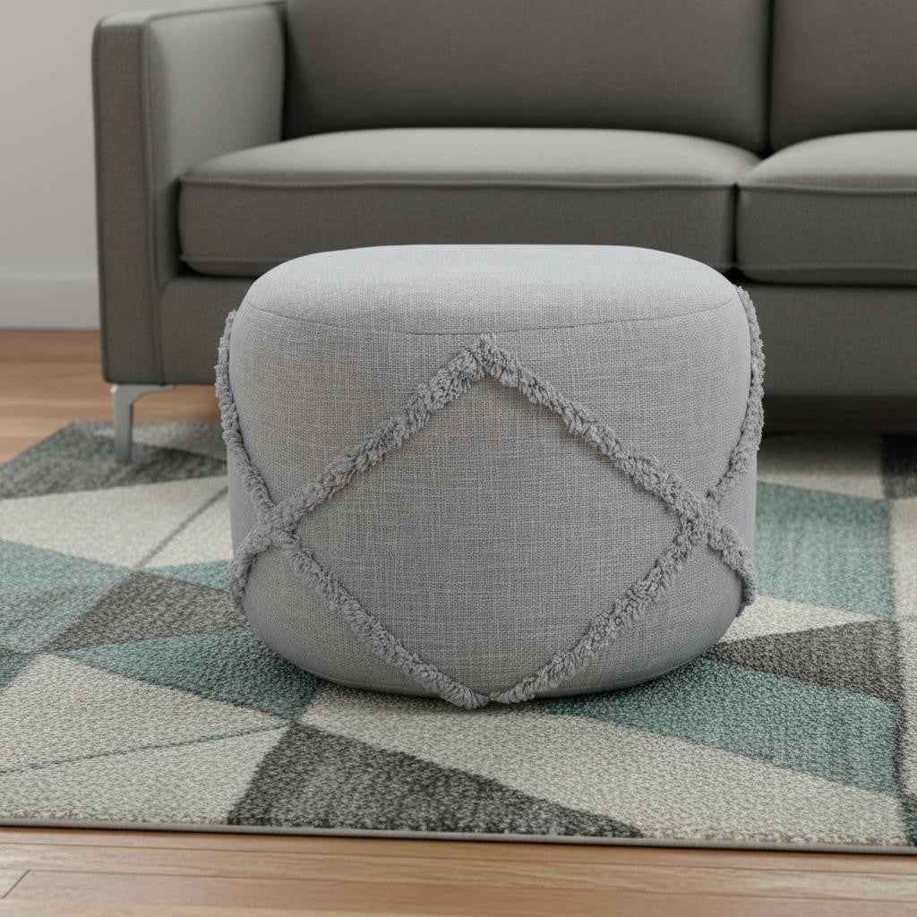 18" Gray Cotton Cylinder Geometric Pouf Ottoman