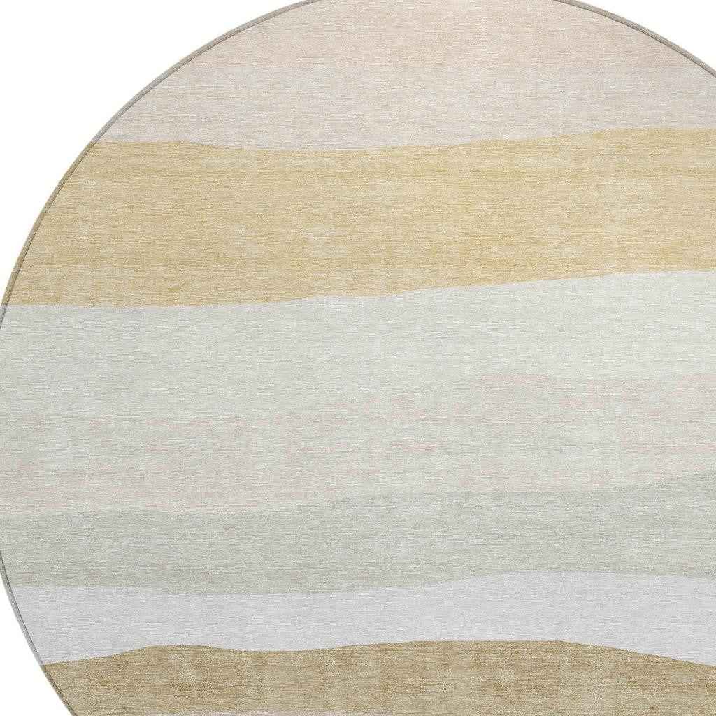 8' Wheat Gold And Beige Round Striped Washable Indoor Outdoor Area Rug