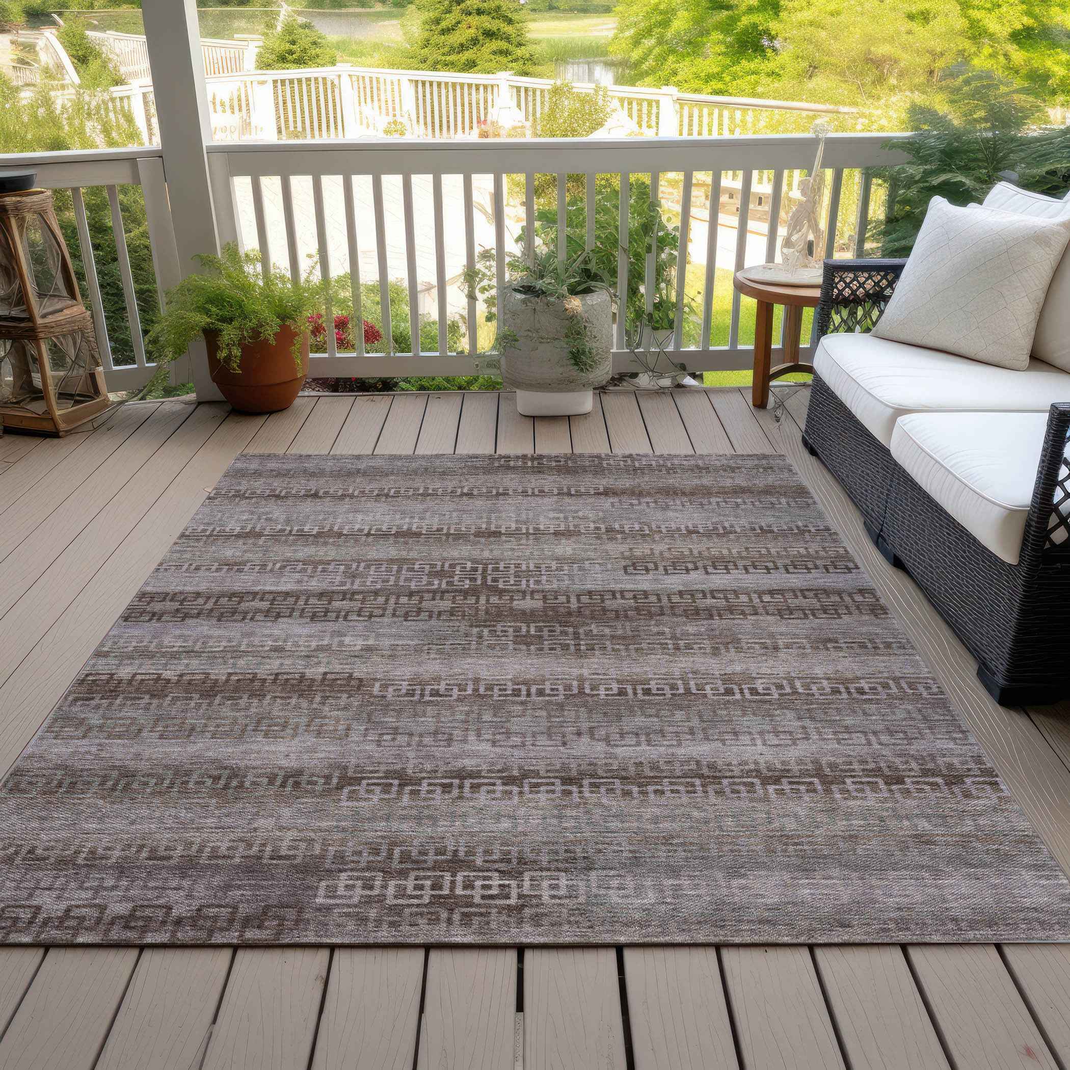 5' X 8' Chocolate And Gray Striped Washable Indoor Outdoor Area Rug