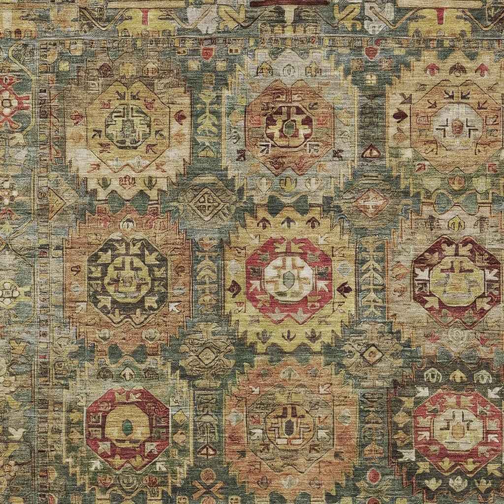 10' X 14' Artichoke Green Gold And Beige Medallion Washable Indoor Outdoor Area Rug