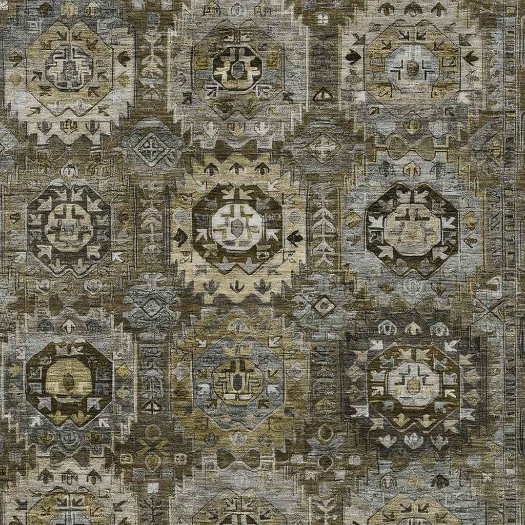 9' X 12' Brown Charcoal And Beige Medallion Washable Indoor Outdoor Area Rug