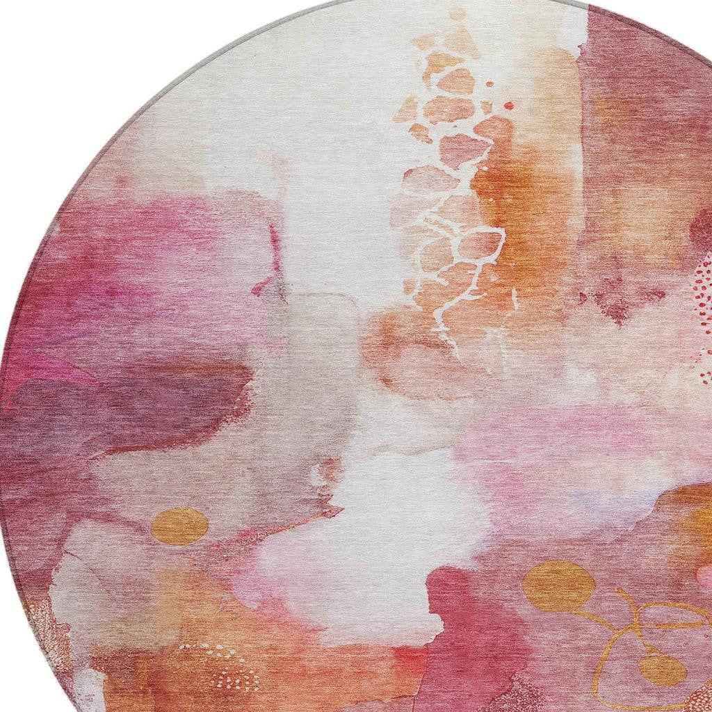 8' Pink Copper And Ivory Round Abstract Washable Indoor Outdoor Area Rug
