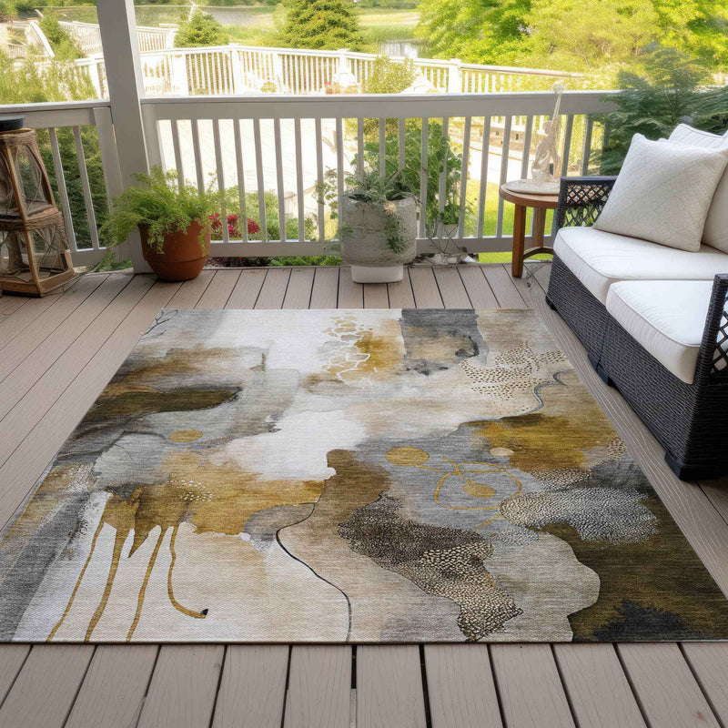 3' X 5' Brown Charcoal And Ivory Abstract Washable Indoor Outdoor Area Rug