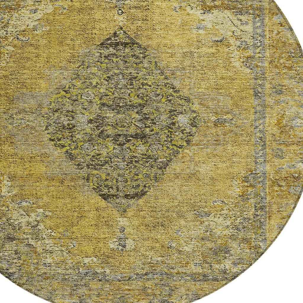 8' Wheat And Gray Round Medallion Washable Indoor Outdoor Area Rug
