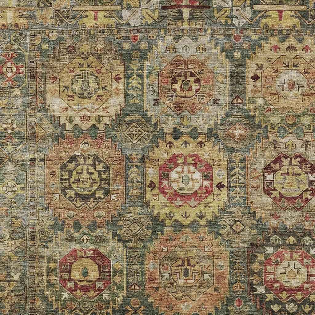 9' X 12' Artichoke Green Gold And Beige Medallion Washable Indoor Outdoor Area Rug