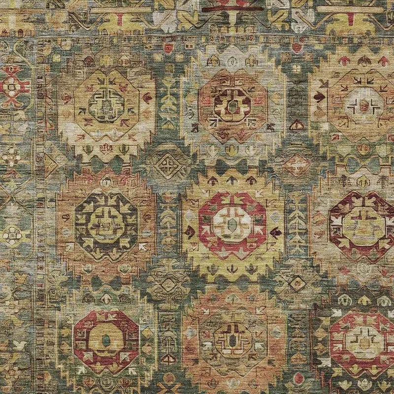 9' X 12' Artichoke Green Gold And Beige Medallion Washable Indoor Outdoor Area Rug