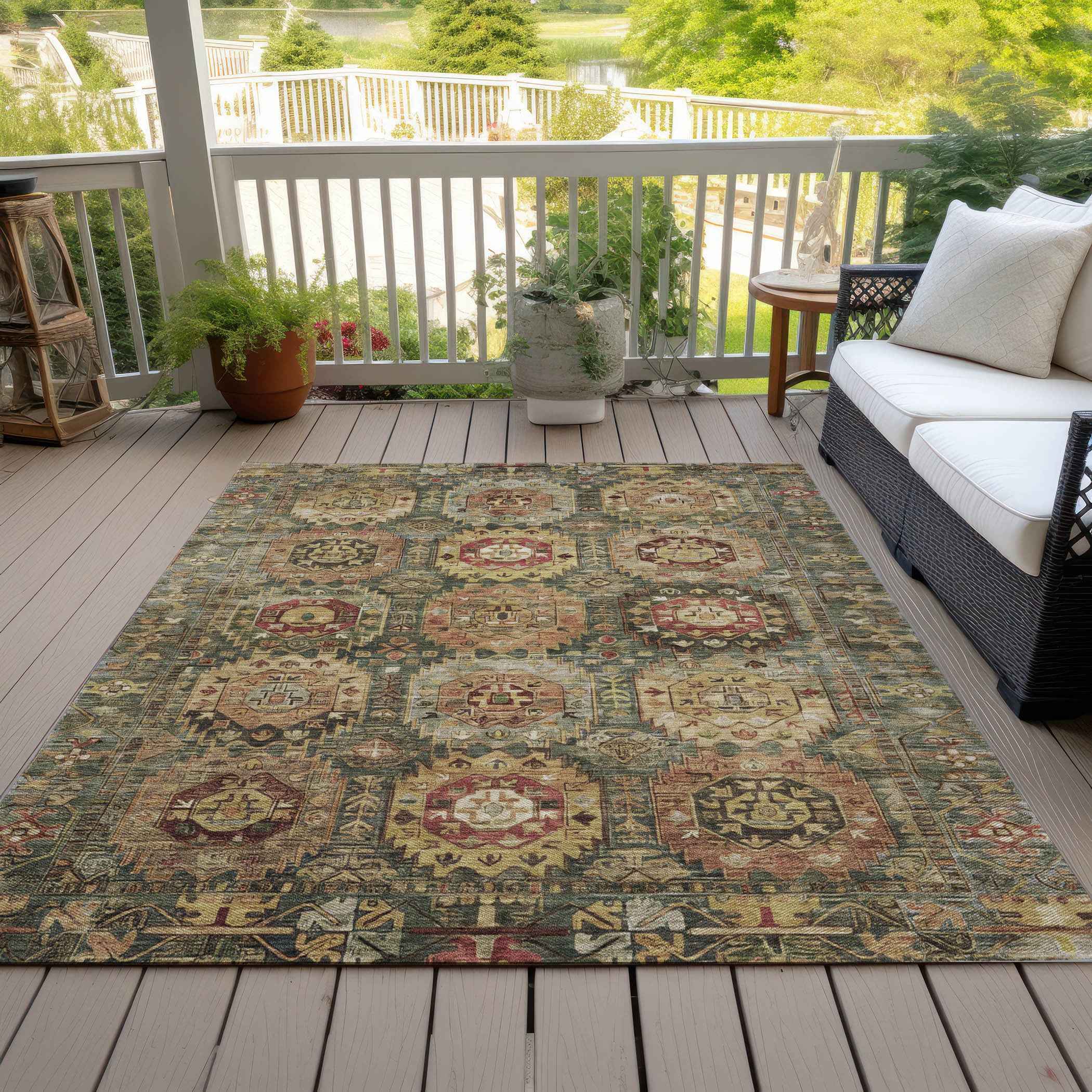 9' X 12' Artichoke Green Gold And Beige Medallion Washable Indoor Outdoor Area Rug