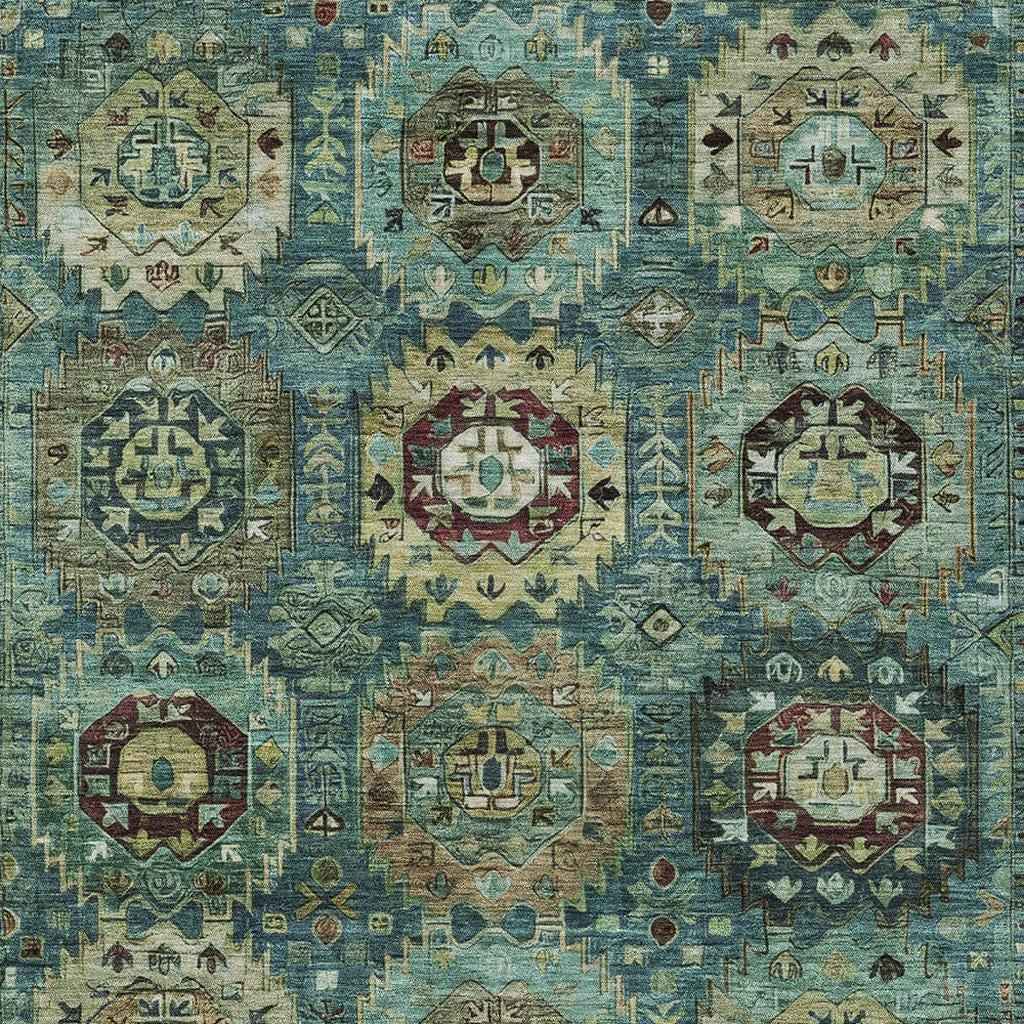 5' X 8' Teal Blue Brown And Taupe Medallion Washable Indoor Outdoor Area Rug