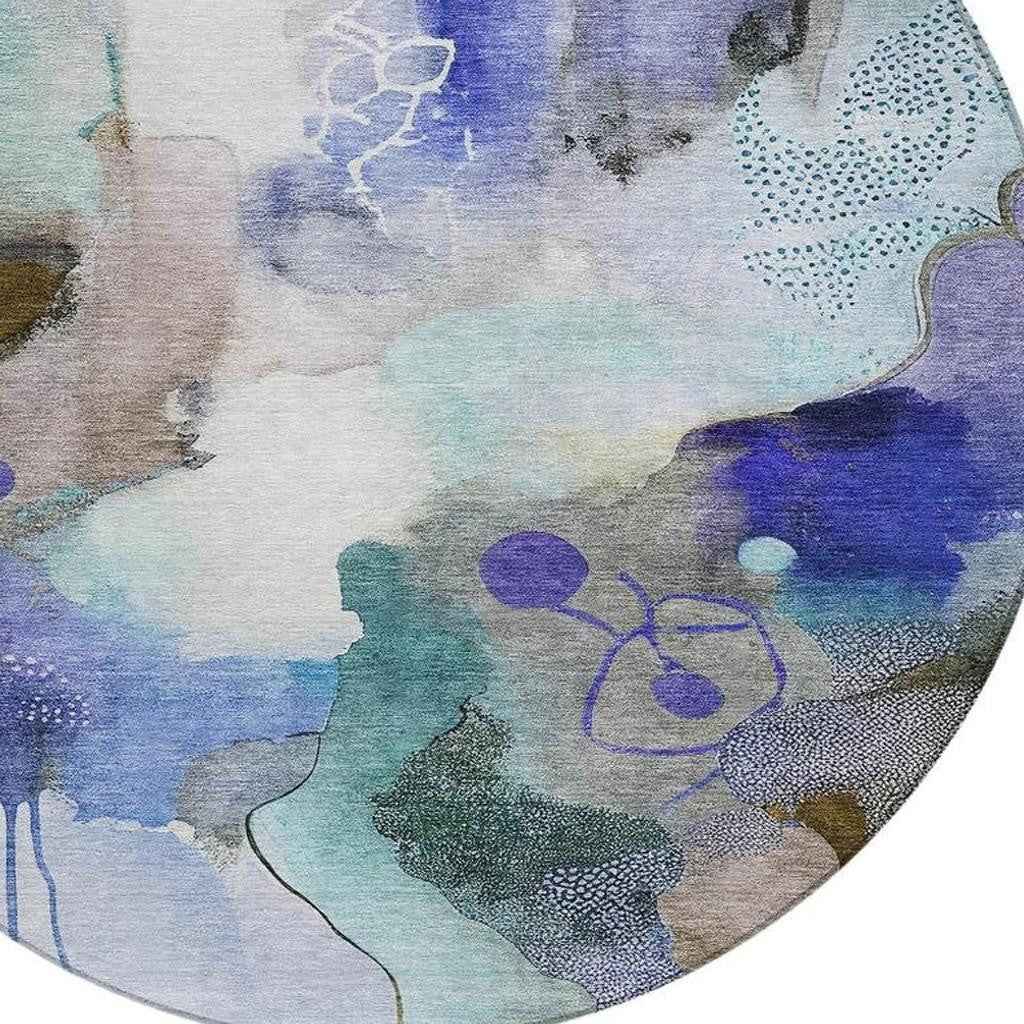 8' Brown Purple And Ivory Round Abstract Washable Indoor Outdoor Area Rug