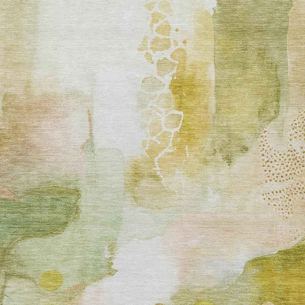 10' X 14' Fern Green Gold And Ivory Abstract Washable Indoor Outdoor Area Rug
