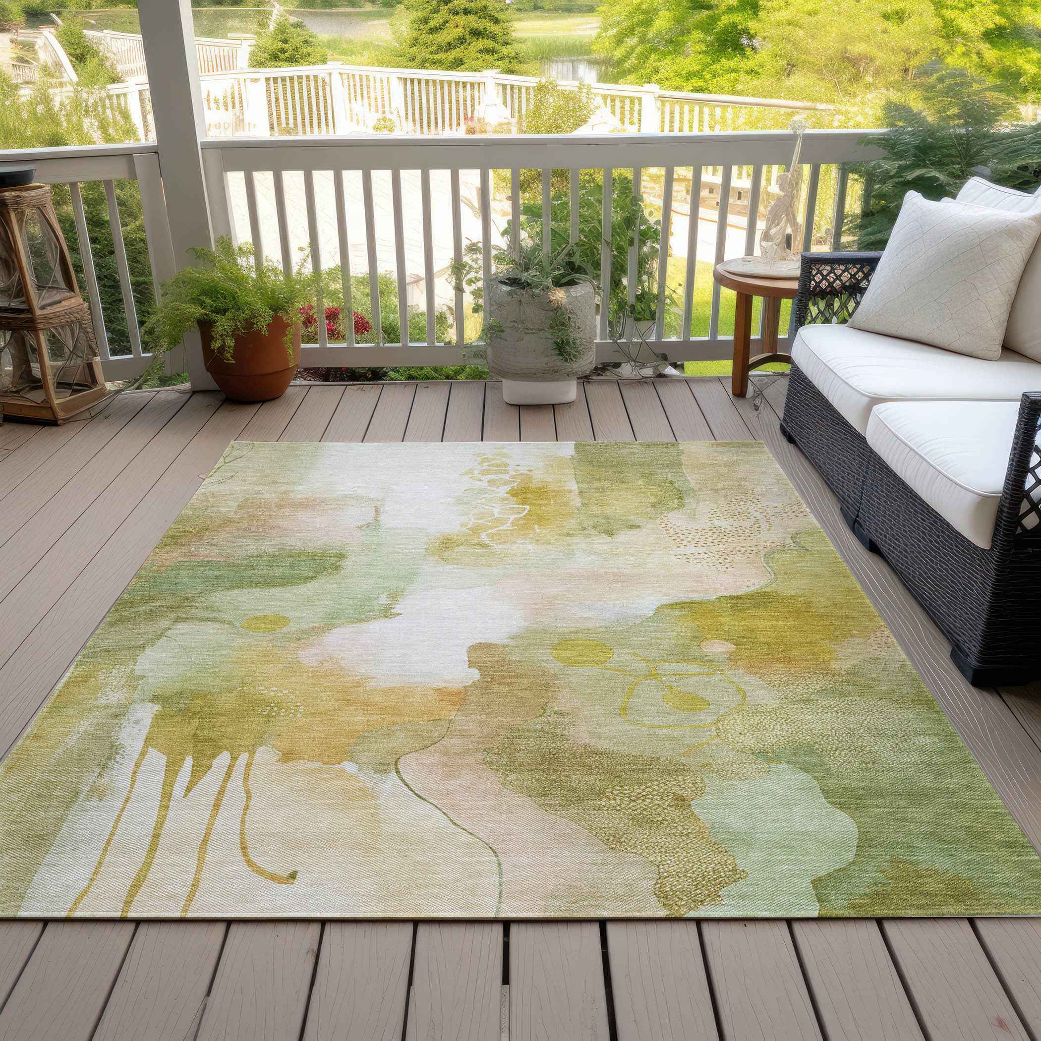 10' X 14' Fern Green Gold And Ivory Abstract Washable Indoor Outdoor Area Rug
