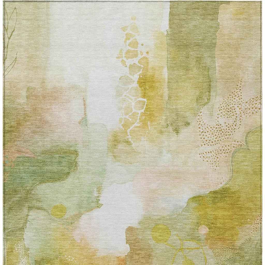 10' X 14' Fern Green Gold And Ivory Abstract Washable Indoor Outdoor Area Rug