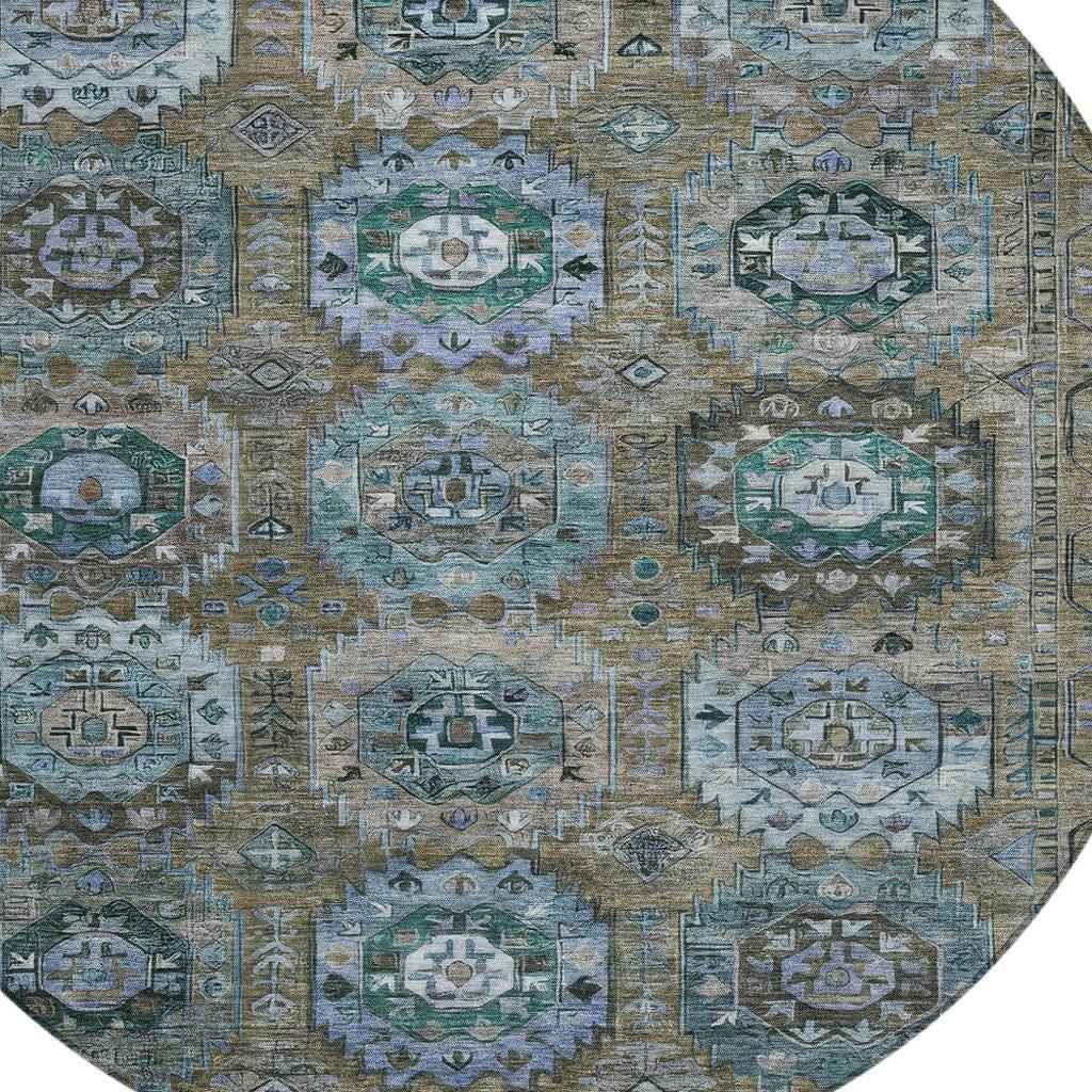 8' Brown Gray And Teal Blue Round Medallion Washable Indoor Outdoor Area Rug