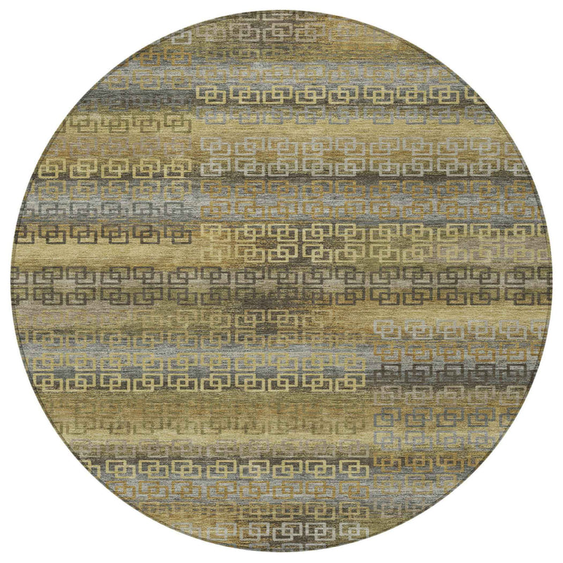 8' Wheat And Brown Round Striped Washable Indoor Outdoor Area Rug