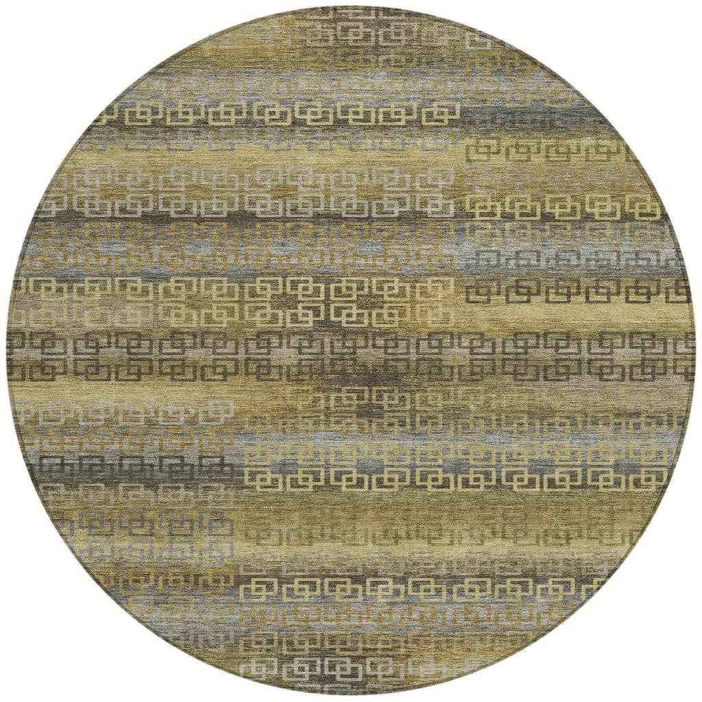 8' Wheat And Brown Round Striped Washable Indoor Outdoor Area Rug