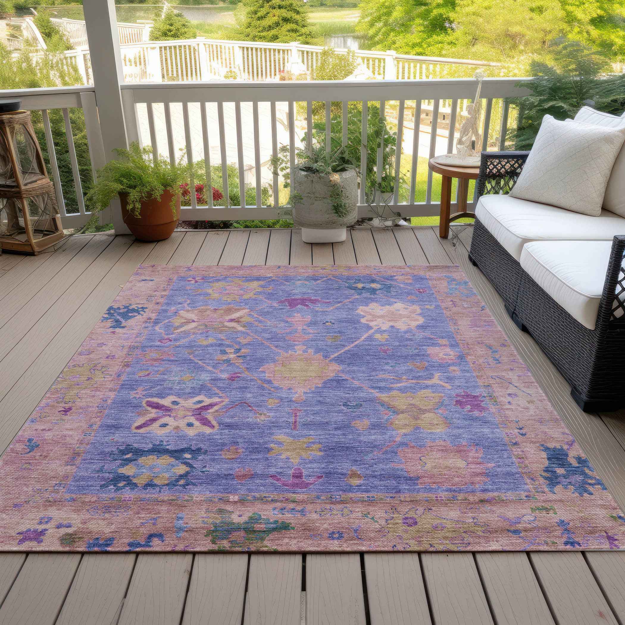 5' X 8' Purple And Blue Tribal Washable Indoor Outdoor Area Rug