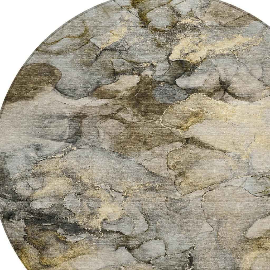 8' Pewter And Gold Round Abstract Washable Indoor Outdoor Area Rug