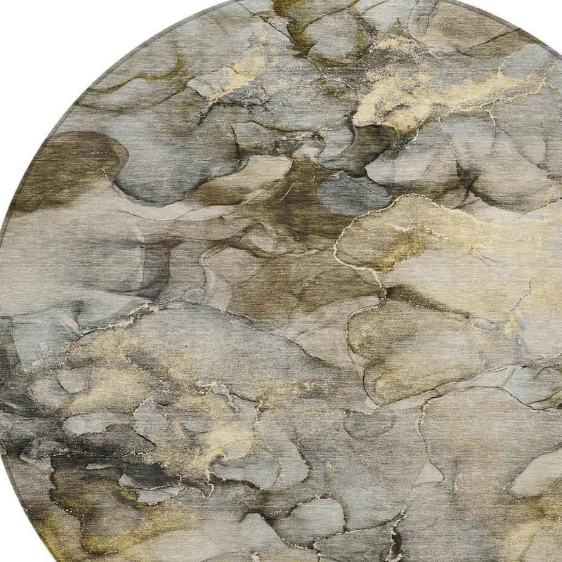 8' Pewter And Gold Round Abstract Washable Indoor Outdoor Area Rug