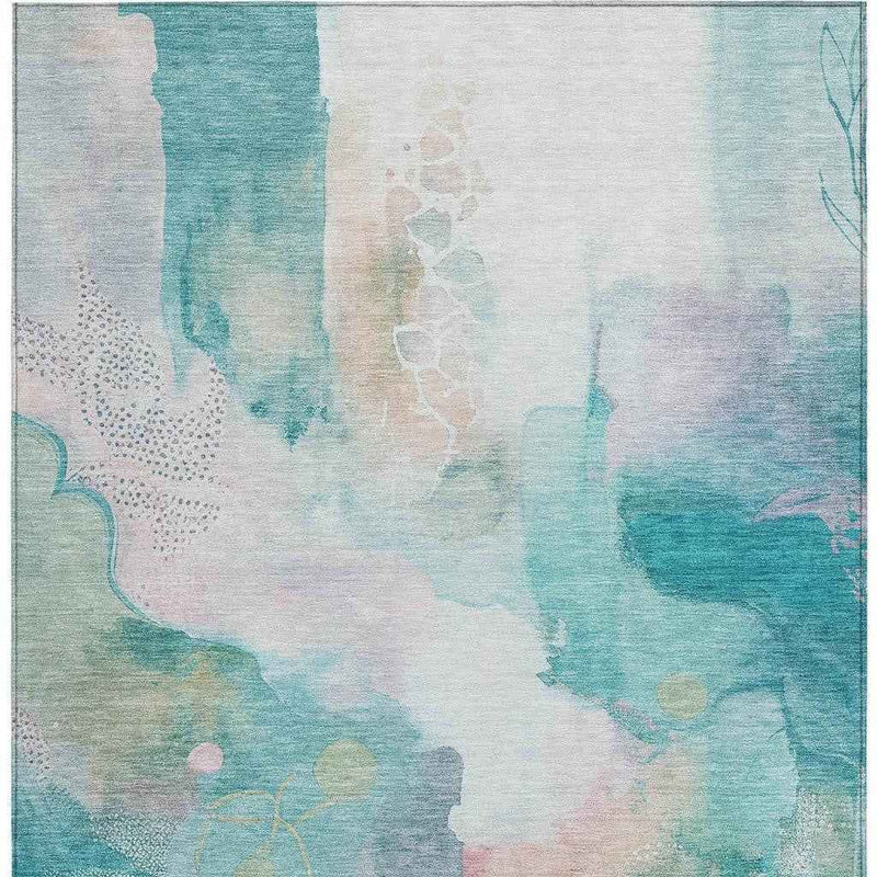 9' X 12' Turquoise Blush And Ivory Abstract Washable Indoor Outdoor Area Rug