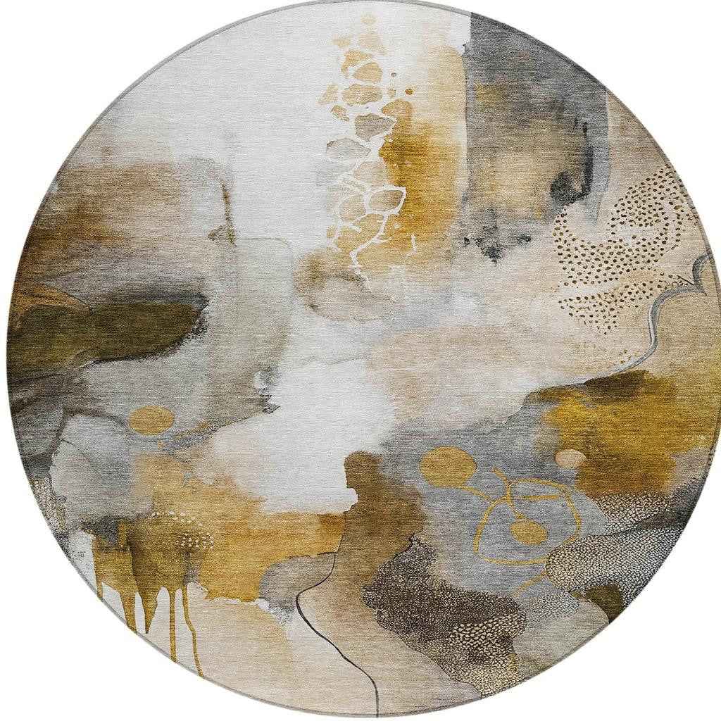 8' Brown Charcoal And Ivory Round Abstract Washable Indoor Outdoor Area Rug