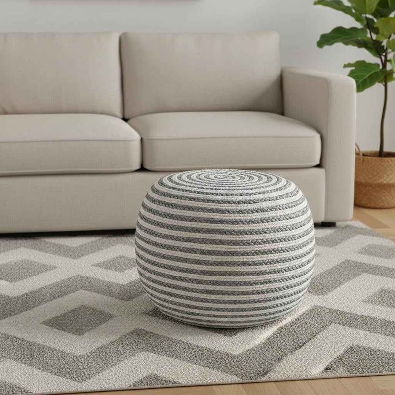 20" Gray Cotton Blend Round Striped Pouf Ottoman