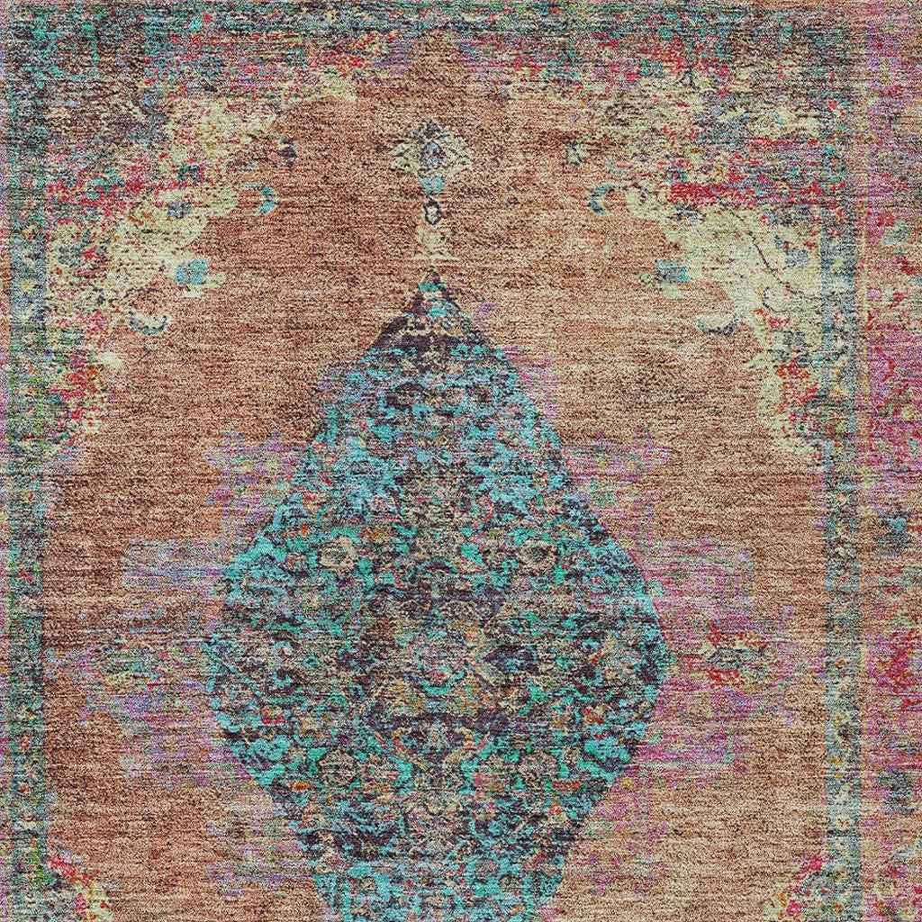 8' X 10' Orange And Teal Blue Medallion Washable Indoor Outdoor Area Rug