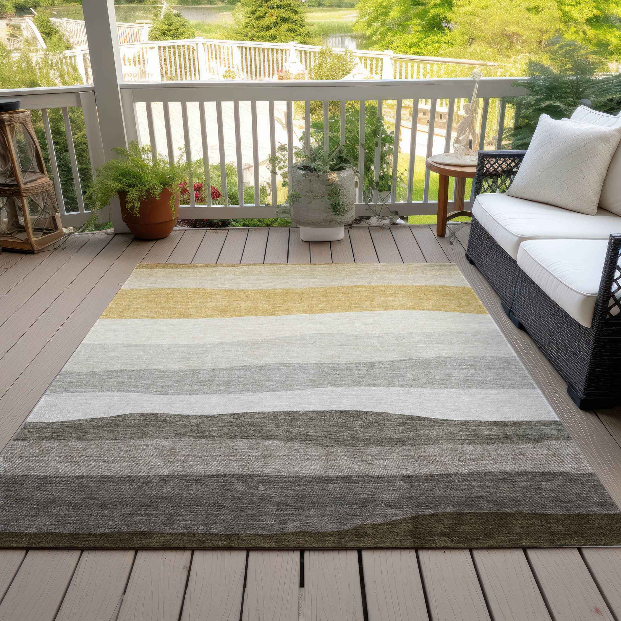 5' X 8' Pewter Gold And Ivory Striped Washable Indoor Outdoor Area Rug
