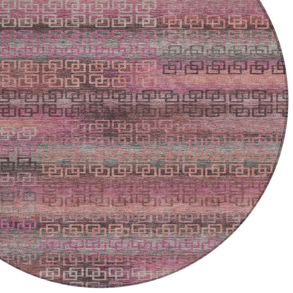 8' Pink And Gray Round Striped Washable Indoor Outdoor Area Rug
