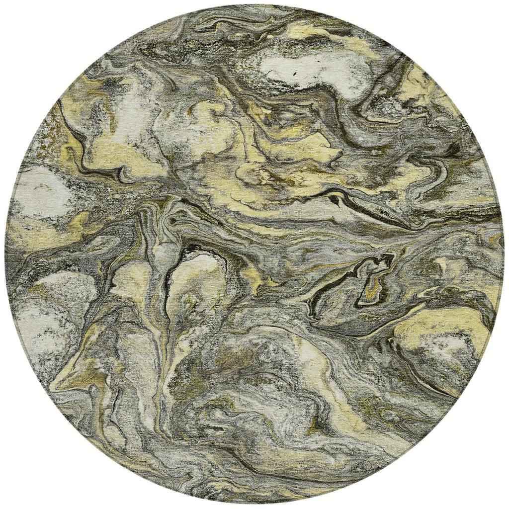 8' Pewter And Gold Round Abstract Washable Indoor Outdoor Area Rug