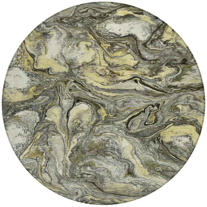 8' Pewter And Gold Round Abstract Washable Indoor Outdoor Area Rug