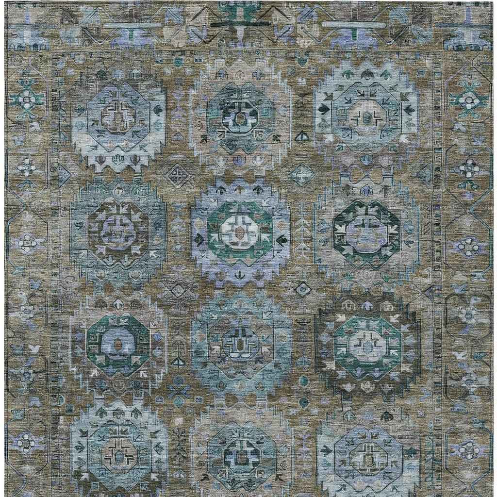 3' X 5' Brown Gray And Teal Blue Medallion Washable Indoor Outdoor Area Rug