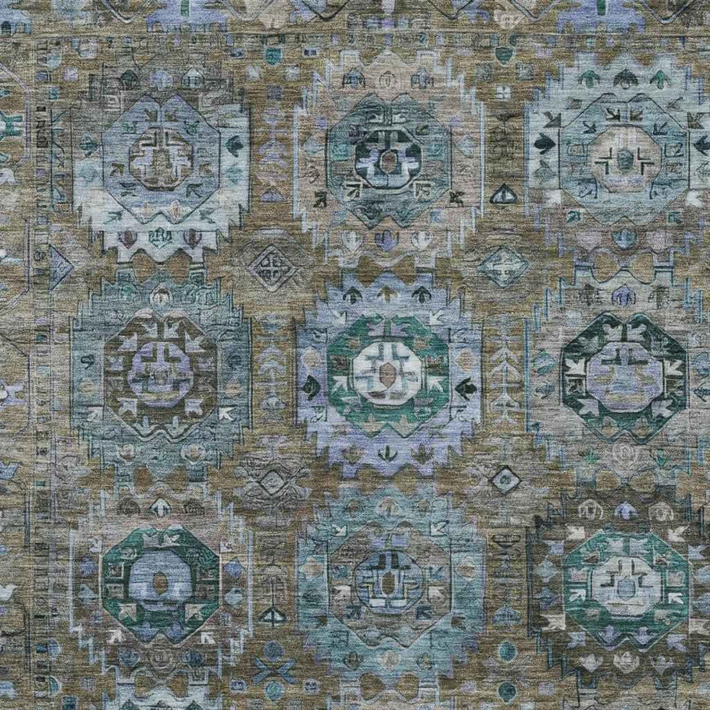 9' X 12' Brown Gray And Teal Blue Medallion Washable Indoor Outdoor Area Rug