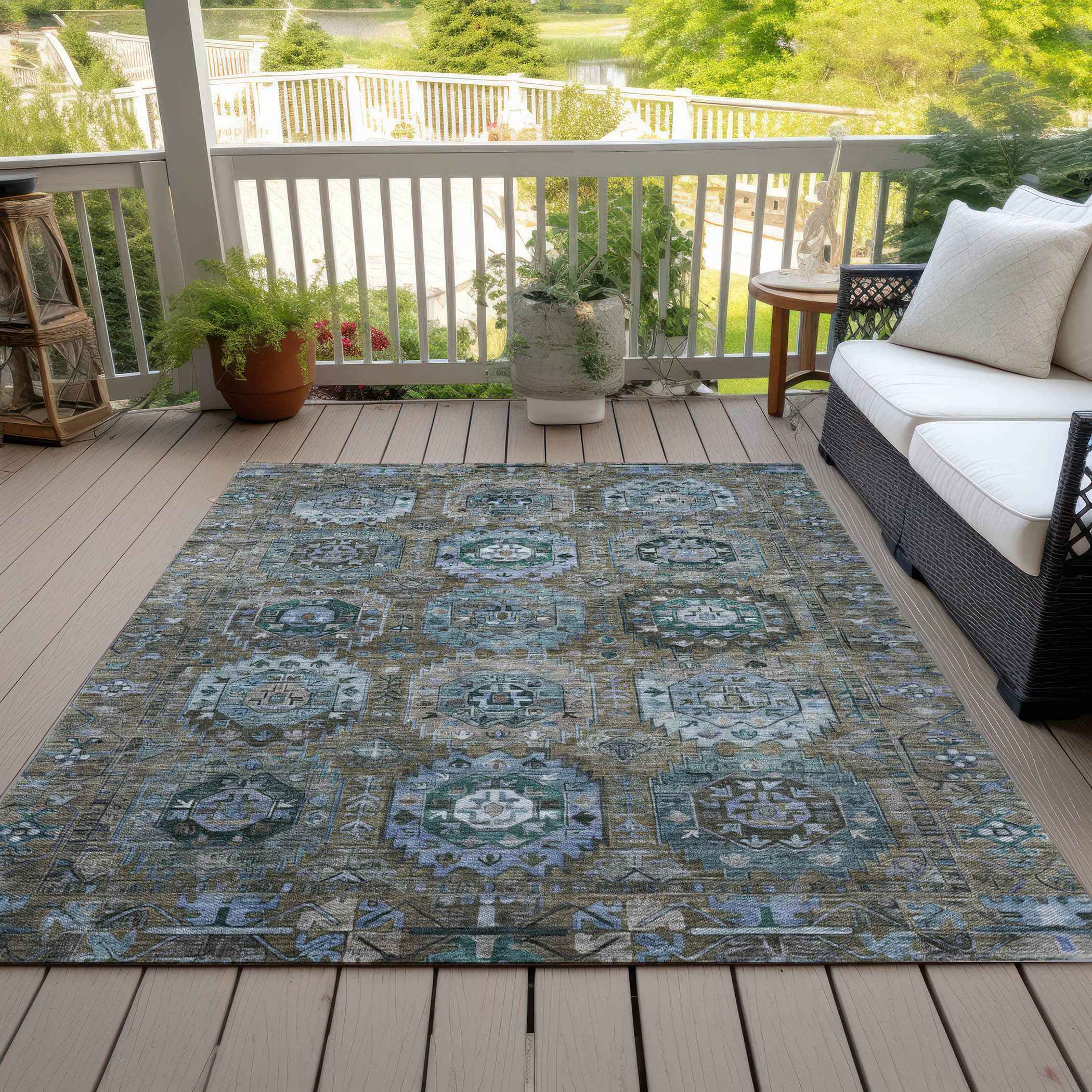 9' X 12' Brown Gray And Teal Blue Medallion Washable Indoor Outdoor Area Rug