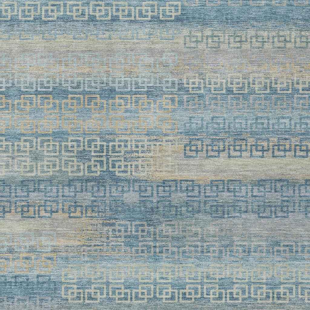 8' X 10' Teal Blue And Beige Striped Washable Indoor Outdoor Area Rug