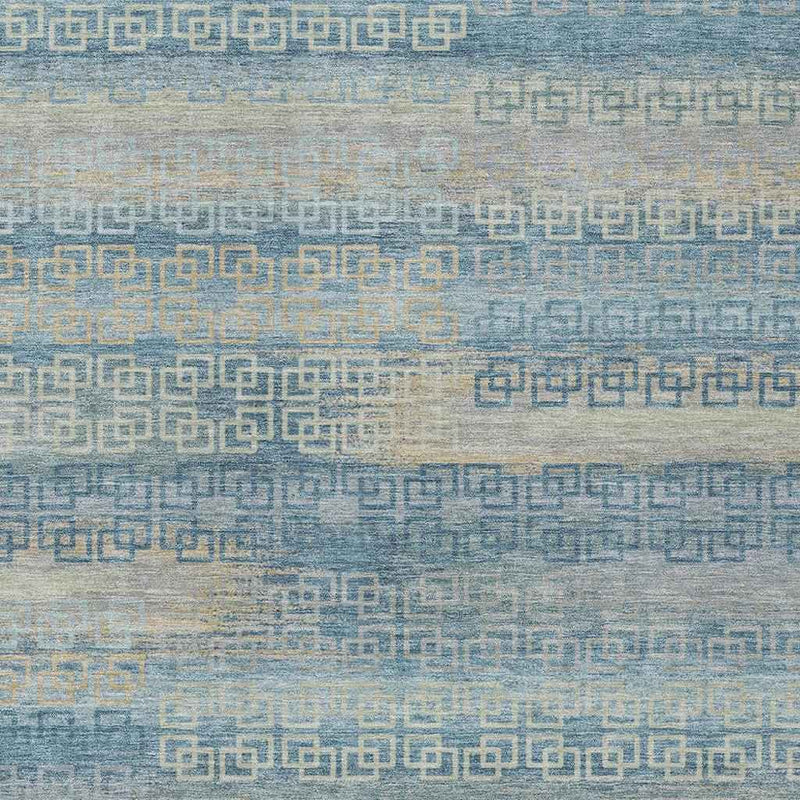 8' X 10' Teal Blue And Beige Striped Washable Indoor Outdoor Area Rug