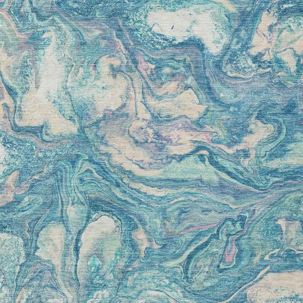 10' X 14' Teal Blue And Ivory Abstract Washable Indoor Outdoor Area Rug