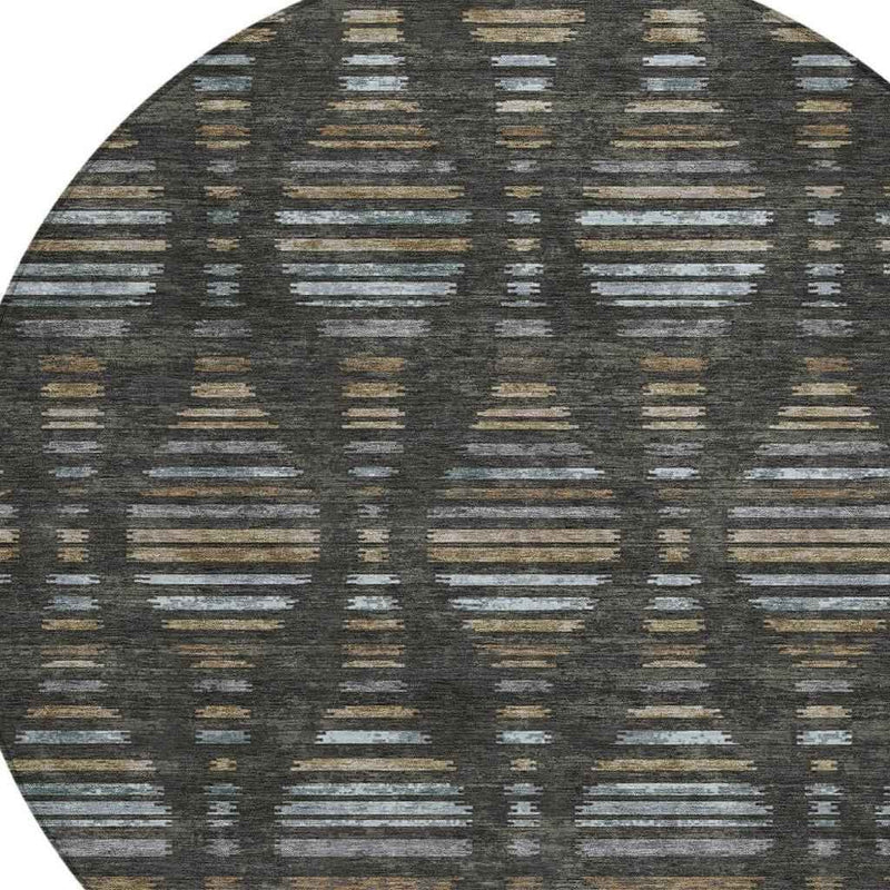 8' Coffee And Gray Round Striped Washable Indoor Outdoor Area Rug