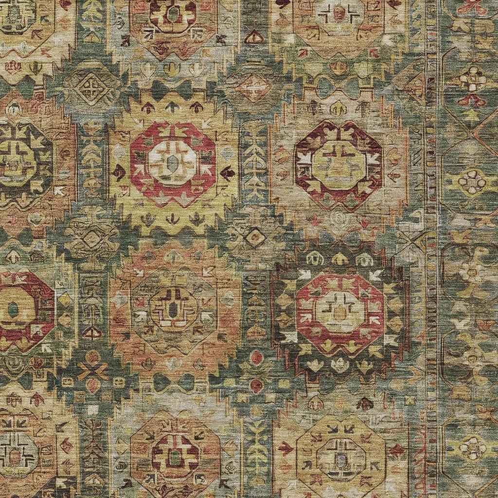 8' X 10' Artichoke Green Gold And Beige Medallion Washable Indoor Outdoor Area Rug