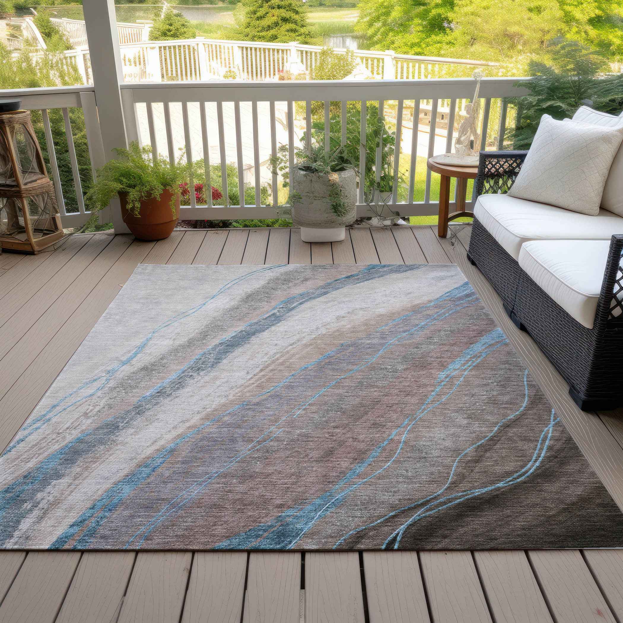 8' X 10' Brown And Teal Blue Abstract Washable Indoor Outdoor Area Rug