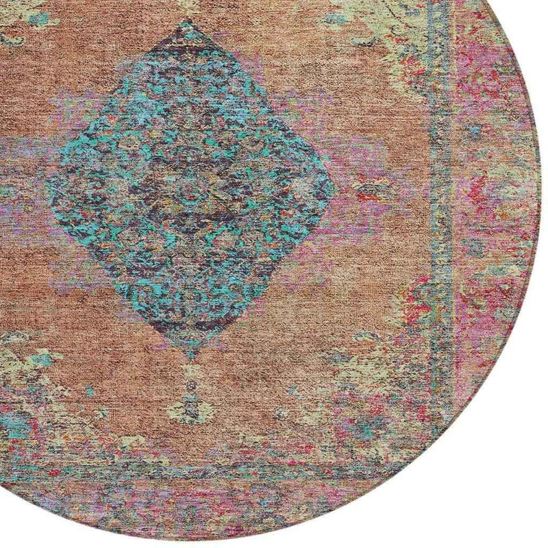 8' Orange And Teal Blue Round Medallion Washable Indoor Outdoor Area Rug
