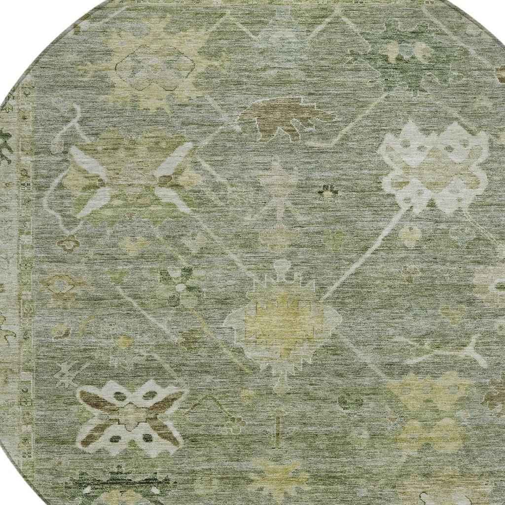 8' Sage And Beige Round Tribal Washable Indoor Outdoor Area Rug