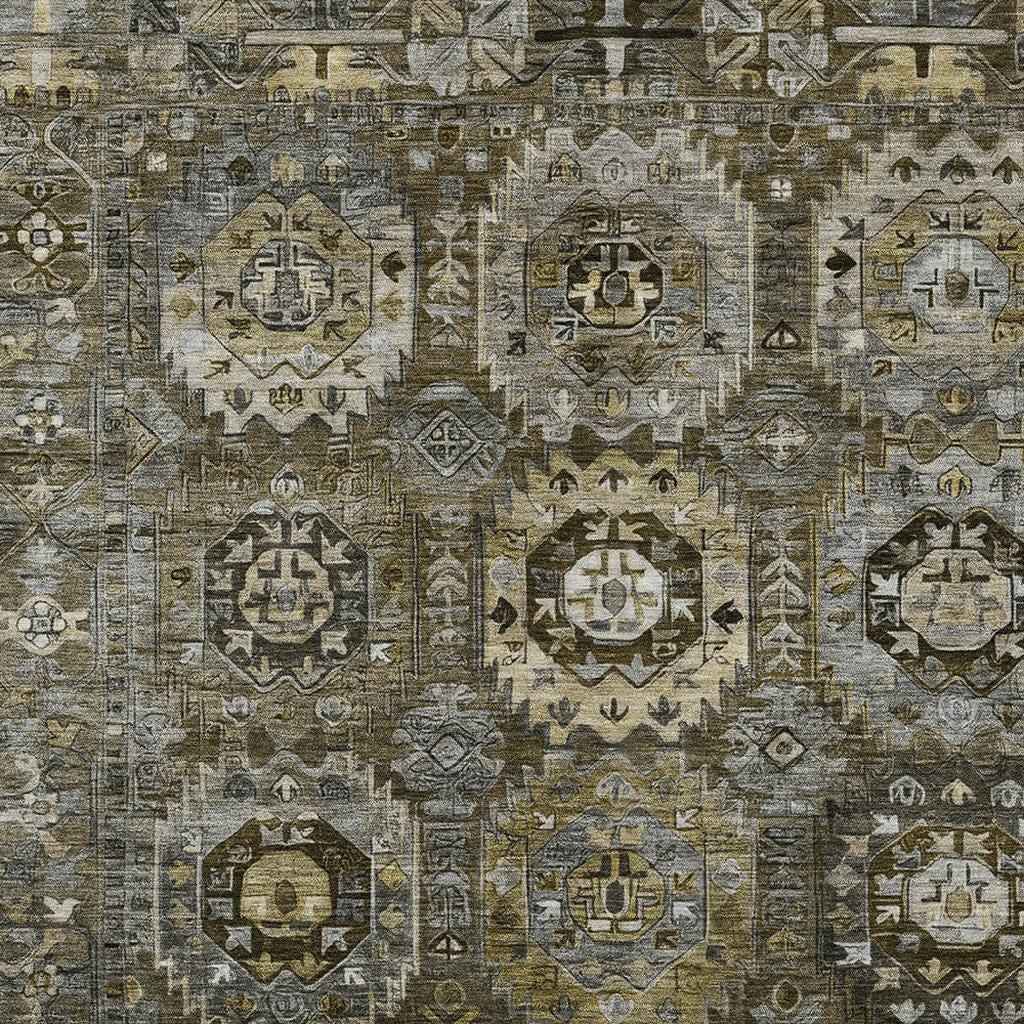 5' X 8' Brown Charcoal And Beige Medallion Washable Indoor Outdoor Area Rug