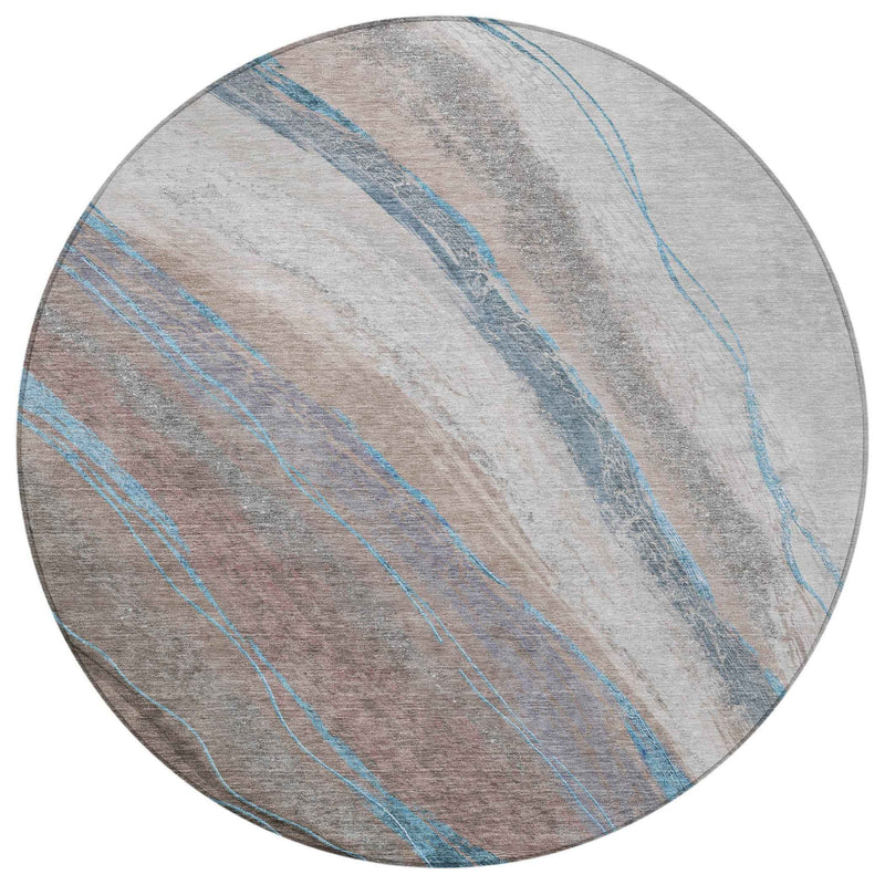 8' Brown And Teal Blue Round Abstract Washable Indoor Outdoor Area Rug