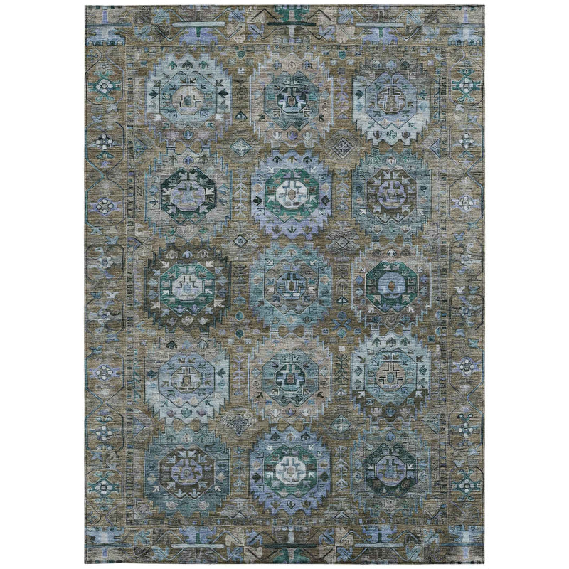 8' X 10' Brown Gray And Teal Blue Medallion Washable Indoor Outdoor Area Rug