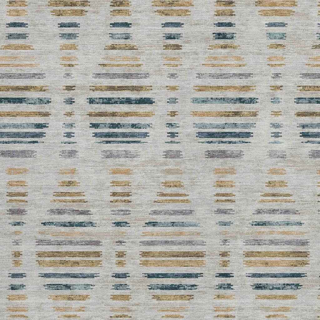 9' X 12' Linen And Navy Blue Striped Washable Indoor Outdoor Area Rug