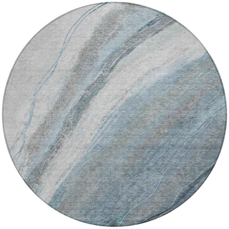 8' Teal Blue And Gray Round Abstract Washable Indoor Outdoor Area Rug