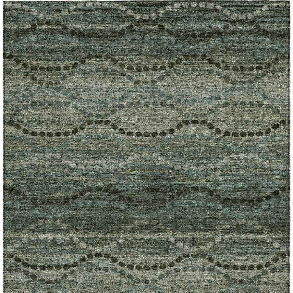 10' X 14' Artichoke Green And Gray Ogee Washable Indoor Outdoor Area Rug